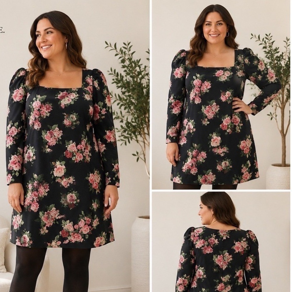 NA-KD Floral Mini Dress Womens 14/16 Black Pink NWT Square Neck Puff Sleeve